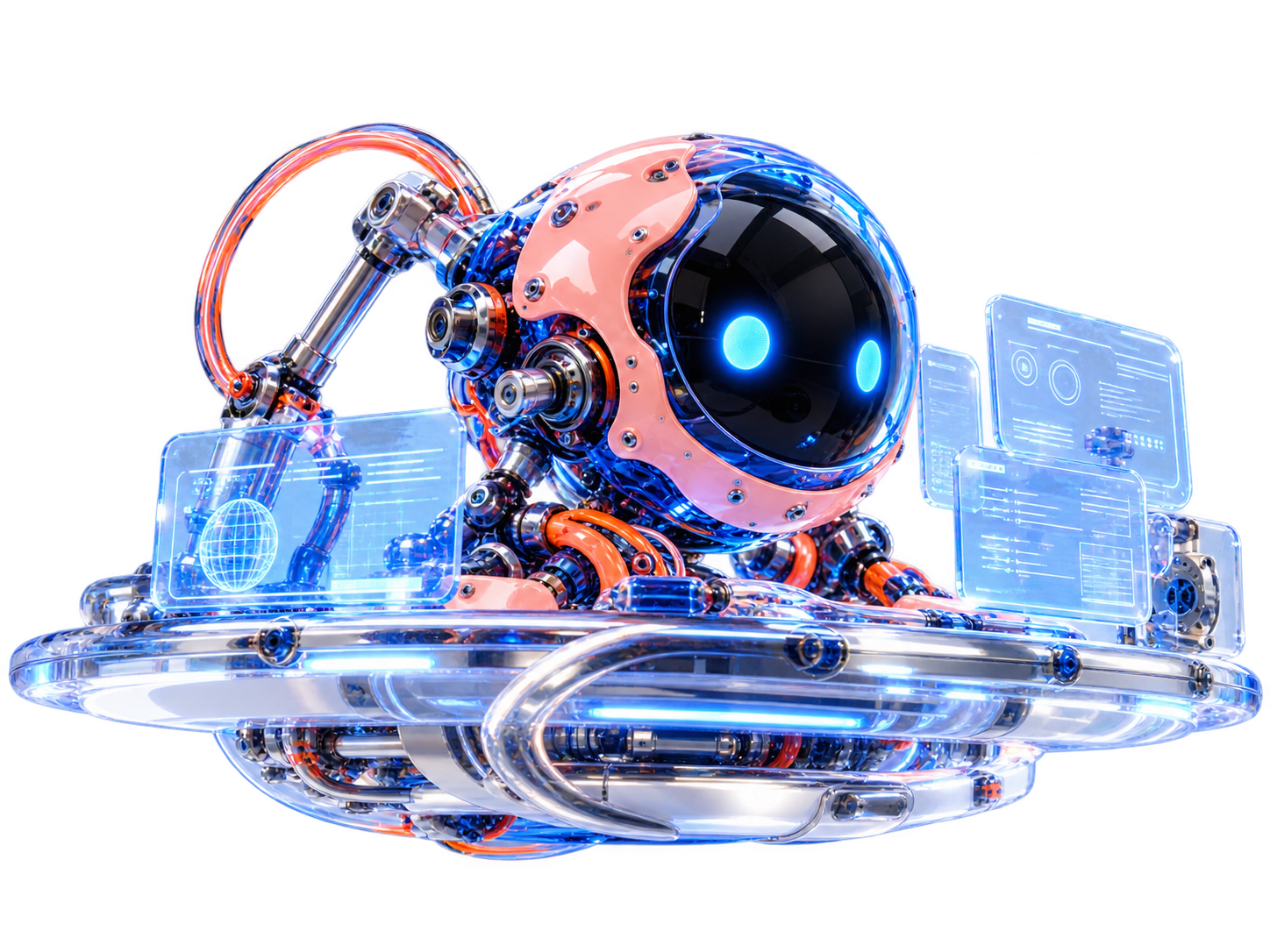 Futuristic AI robot at a transparent workstation